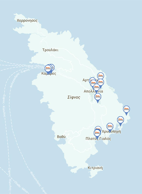 Mappa con gli alberghi e camere di Sifnos in Cicladi